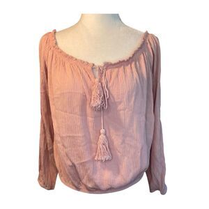 Mikey & Joey Off The Shoulder Top‎ Pink Crinkle Knit Cropped Long Sleeve M